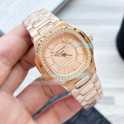 Replica Patek Philippe Nautilus Rose Gold Strap Rose Gold Face Diamonds Bezel Watch 38mm